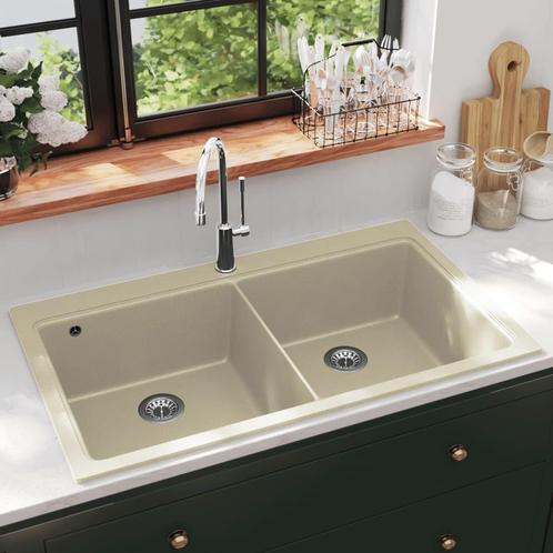 vidaXL Gootsteen dubbele bakken graniet beige, Doe-het-zelf en Verbouw, Sanitair, Nieuw, Verzenden