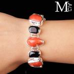 Zilveren armband met rood koraal en zwarte toermalijn -