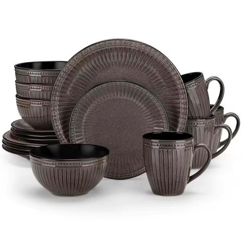 16-delige Grijs Bruin Reliëf Keramische Serviesset - Servies, Huis en Inrichting, Keuken | Servies, Compleet servies, Nieuw, Keramiek