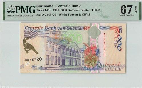 1999 Suriname P 143b 5000 Gulden Pmg 67 Epq, Postzegels en Munten, Bankbiljetten | Europa | Niet-Eurobiljetten, Verzenden