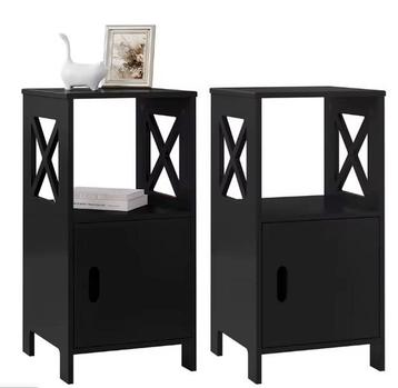 Set van 2 Zwarte Nachtkastjes – Smal met Deur en Open Vak