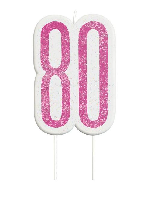 Kaars 80 Jaar Glitter Roze 8,5cm, Hobby en Vrije tijd, Feestartikelen, Nieuw, Verzenden