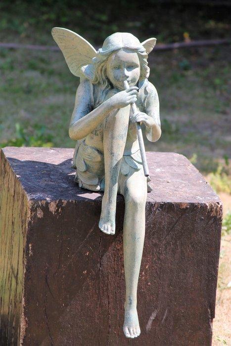 Figuur - bronzen fee met fluit voor huis of tuin - brons, Antiek en Kunst, Curiosa en Brocante