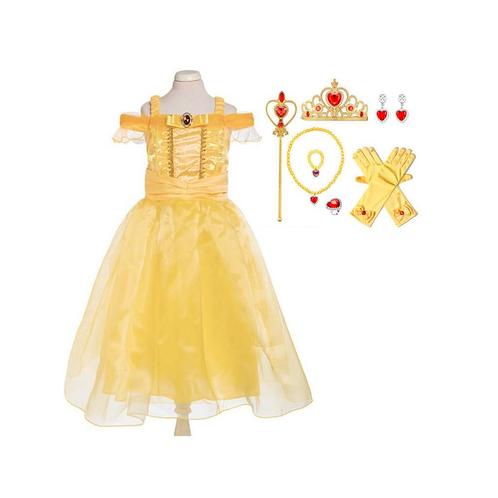 Voordeelpakket Belle jurk+staf+handschoenen+kroon 98tm134, Kinderen en Baby's, Carnavalskleding en Verkleedspullen, Meisje, Nieuw