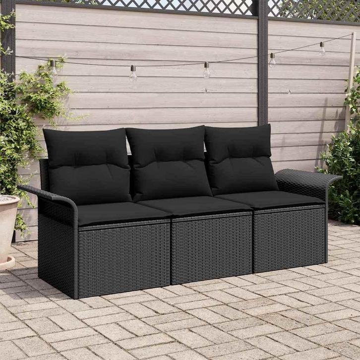 vidaXL Tuin Sofa Set met kussen met opslag 3 pcs Zwart Poly, Tuin en Terras, Tuinsets en Loungesets, Nieuw, Rotan, Verzenden