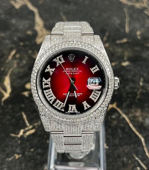 Rolex Datejust 41 - Glossy Red Roman - Iced Out - Diamonds, Sieraden, Tassen en Uiterlijk, Horloges | Heren