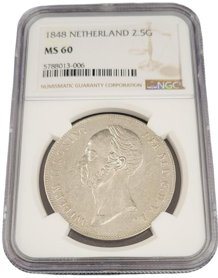 Koning Willem II 2 1/2 gulden 1848 MS60 NGC, Postzegels en Munten, Munten | Nederland, Losse munt, Koning Willem II, Zilver, Verzenden
