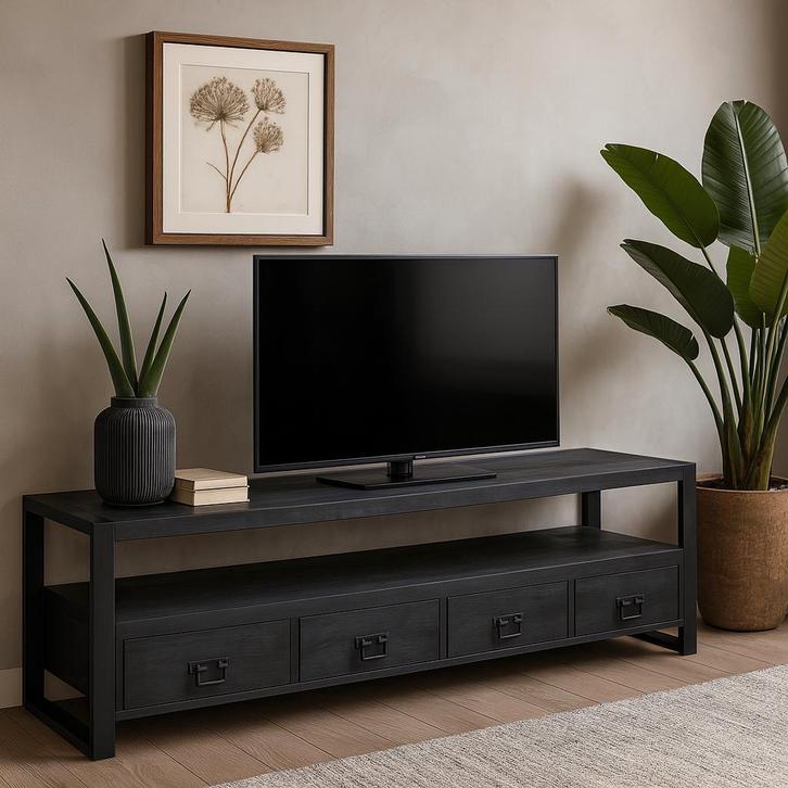 Tv-meubel Mangohout Britt 180 Zwart, Huis en Inrichting, Kasten | Televisiemeubels, 25 tot 50 cm, Nieuw, Overige houtsoorten, Minder dan 100 cm