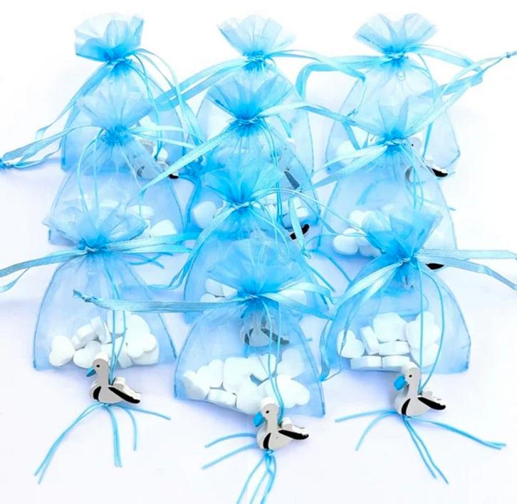 Bedankje Ooievaar blauw en wit met hartvormige pepermuntjes, Hobby en Vrije tijd, Feestartikelen, Geboorte of Huwelijk, Nieuw