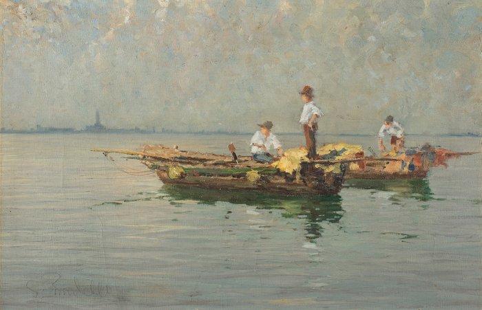 Giuseppe Rondello (XX) - Veduta marina con barche, Antiek en Kunst, Kunst | Schilderijen | Klassiek