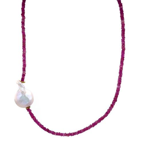 Robijn collier met parel en gouden sluiting 14 krt, Sieraden, Tassen en Uiterlijk, Kettingen, Nieuw, Ophalen of Verzenden
