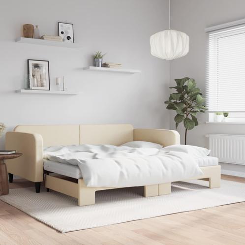 vidaXL Slaapbank met onderschuifbed en matrassen 100x200 cm, Huis en Inrichting, Slaapkamer | Bedden, 100 cm, 200 cm, Crème, Eenpersoons