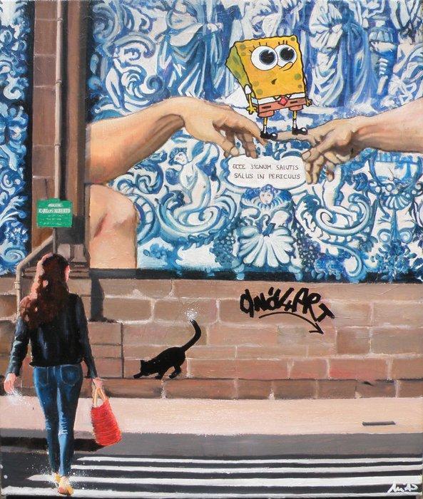 Emilie PANNIER - Bob léponge sur le Pont Michael Ange, Antiek en Kunst, Kunst | Schilderijen | Modern