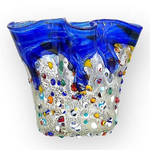 Filippo Maso - Vaas - Blauwe zakdoek met bladzilver en, Antiek en Kunst, Antiek | Glas en Kristal