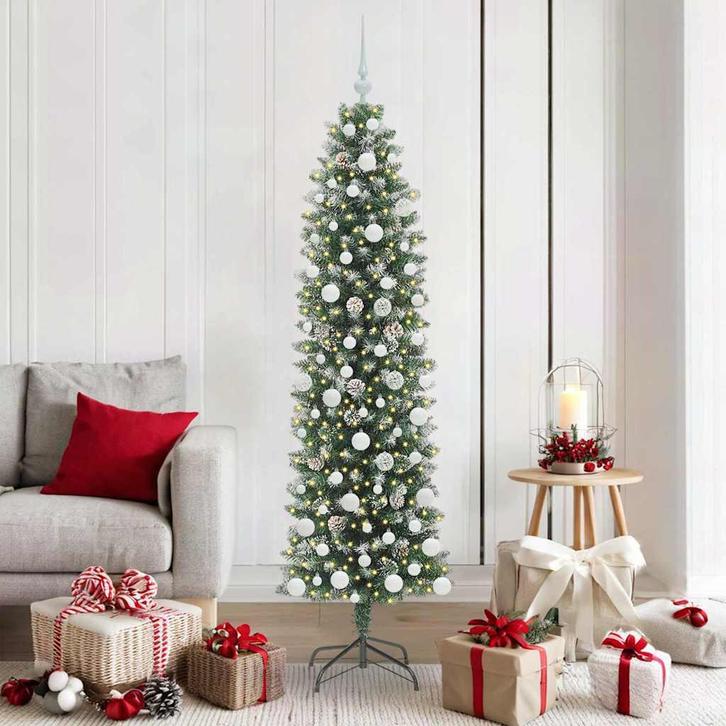vidaXL Kunstmatige slanke kerstboom met 300 LED Groen en wit, Diversen, Kerst, Nieuw, Verzenden