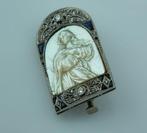 Broche - 18 karaat Witgoud Diamant (Natuurlijk) - Saffier