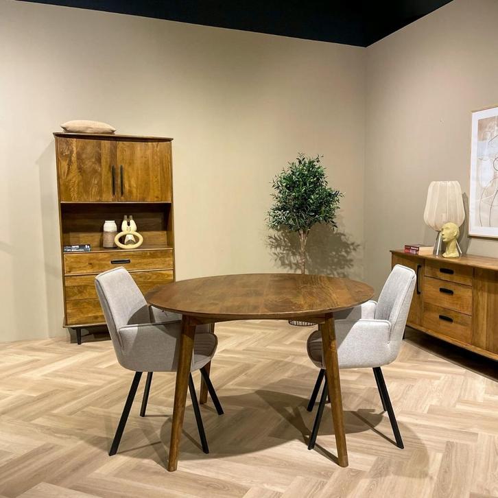 Elias eettafel mangohout rond 120 cm - Outlet B, Huis en Inrichting, Stoelen, Nieuw, Ophalen of Verzenden