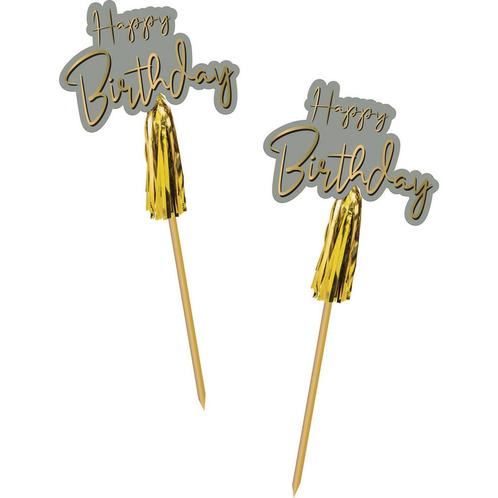 Happy Birthday Parasol Prikkers Golden Dawn 12cm 12st, Hobby en Vrije tijd, Feestartikelen, Nieuw, Verzenden