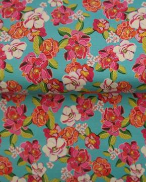 Viscose Jersey Blooming Blossoms Turquoise, Hobby en Vrije tijd, Stoffen en Lappen, Blauw, Nieuw