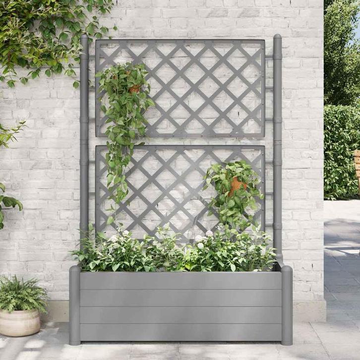 vidaXL Plantenbak met latwerk 100x43x142 cm PP-steen grijs, Tuin en Terras, Bloembakken en Plantenbakken, 100 cm of meer, Nieuw