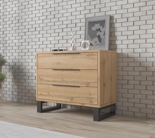 Meubella | Ladekast eiken met zwart 99x45x83 cm - 3 lades, Huis en Inrichting, Kasten | Ladekasten, 25 tot 50 cm, Nieuw, 50 tot 100 cm