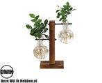 Houten/glazen vintage met dubbele vaas, Nieuw