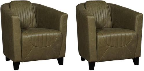 Olijfgroene leren landelijke kuipstoel - poot hout zwart -, Huis en Inrichting, Fauteuils, 50 tot 75 cm, 75 tot 100 cm, Nieuw