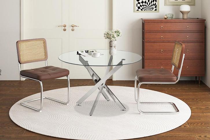Tafel Lasi 120 cm Rond Glas, Poten Chroom (2c) - Meerdere, Huis en Inrichting, Tafels | Eettafels, Nieuw, Ophalen of Verzenden