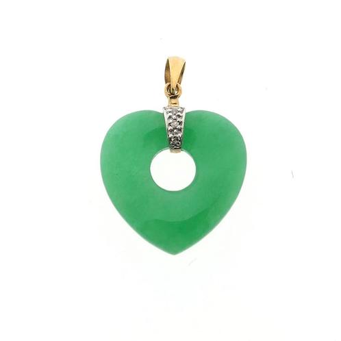 Gouden hanger van jade met diamant | 0,03 ct., Sieraden, Tassen en Uiterlijk, Bedels, Gebruikt, Overige merken, Goud, Ophalen of Verzenden