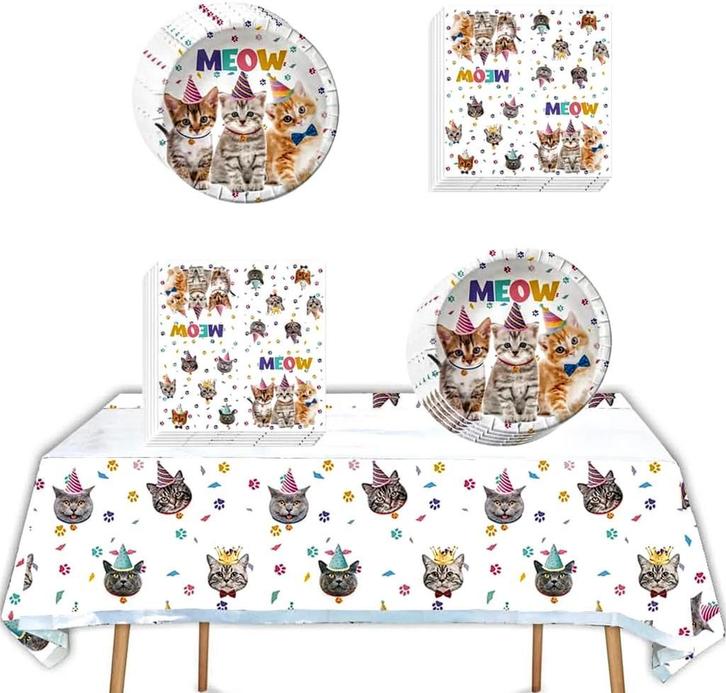 41-delige set Happy Cats met bordjes,servetten en tafelkleed, Dieren en Toebehoren, Katten-accessoires, Nieuw, Verzenden