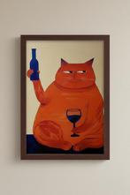 Grappige Kat met Wijn Canvas Poster 30x40 cm, Ophalen of Verzenden, Nieuw