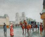 Escuela española (XX) - Boulevard parisino con Notre-Dame al, Antiek en Kunst, Kunst | Schilderijen | Klassiek