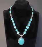 Halsketting 50 cm + hanger + 2 rijen kralen in turkooisblauw