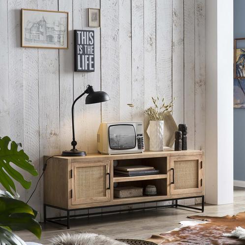*WOONWINKEL* Tv-meubel Naturel Mangohout En Rotan, Huis en Inrichting, Kasten | Televisiemeubels, Nieuw, Verzenden