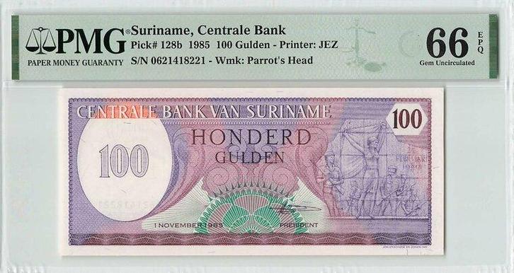 1985 Suriname P 128b 100 Gulden Pmg 66 Epq, Postzegels en Munten, Bankbiljetten | Europa | Niet-Eurobiljetten, Verzenden