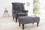 Chesterfield vleugelfauteuil antiekgrijs met knoopstiksel en, Ophalen of Verzenden, Nieuw