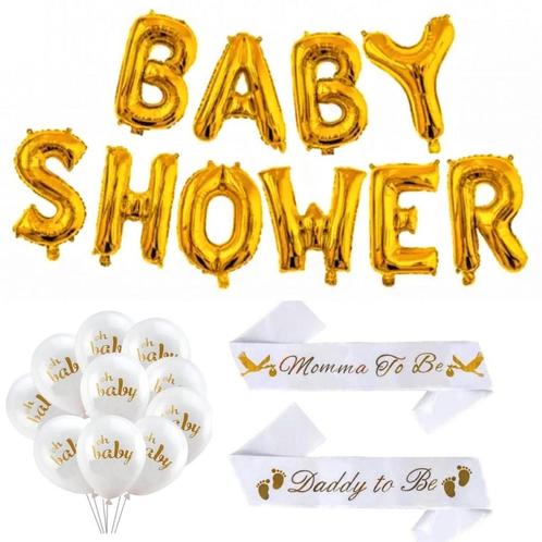 Babyshowerset wit met goud 22-delig met ballonnen en sjerpen, Hobby en Vrije tijd, Feestartikelen, Geboorte of Huwelijk, Nieuw