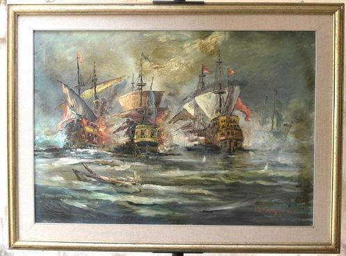 Roberto Carignani (1894-1975) - Battaglia navale, Antiek en Kunst, Kunst | Schilderijen | Klassiek