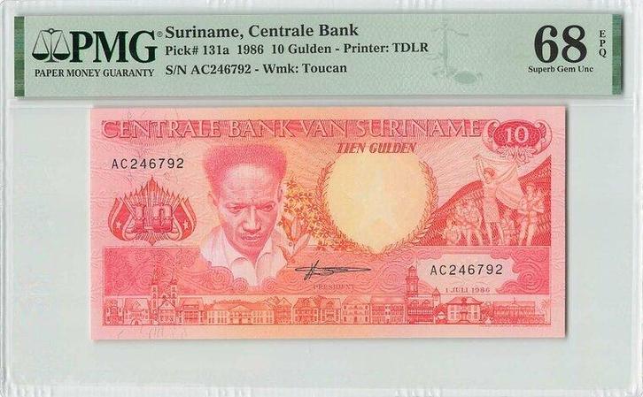 1986 Suriname P 131a 10 Gulden Pmg 68 Epq, Postzegels en Munten, Bankbiljetten | Europa | Niet-Eurobiljetten, Verzenden
