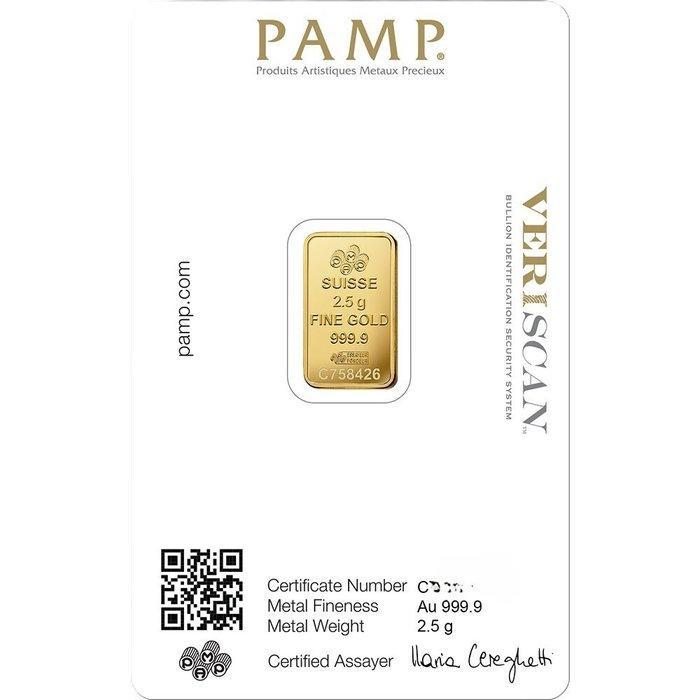 2,5 Gramm - Goud .999 - PAMP - Verzegeld en met certificaat, Postzegels en Munten, Edelmetalen en Baren