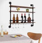 Wand Wijnrek Industrieel 3 Lagen –Hout en Metaal met Glashou, Huis en Inrichting, Woonaccessoires | Wijnrekken, Verzenden, Nieuw