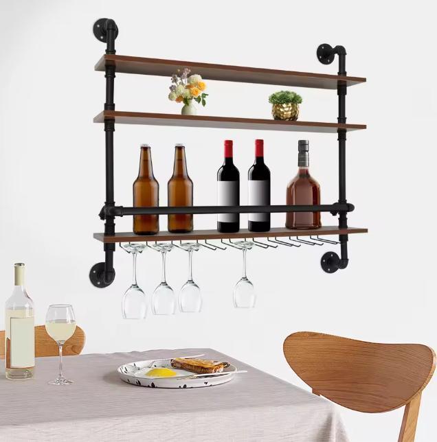 Wand Wijnrek Industrieel 3 Lagen –Hout en Metaal met Glashou, Huis en Inrichting, Woonaccessoires | Wijnrekken, Nieuw, Verzenden