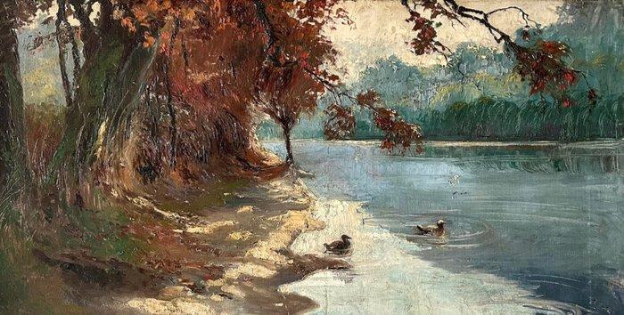 Cesare Saccaggi (1868-1934) - Veduta di paesaggio fluviale, Antiek en Kunst, Kunst | Schilderijen | Klassiek