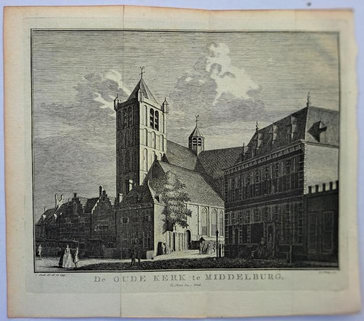 De oude kerk te Middelburg, Antiek en Kunst, Kunst | Etsen en Gravures, Ophalen of Verzenden