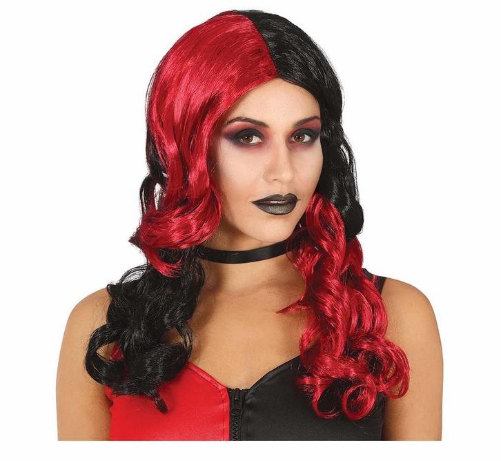 Zwart Rode Pruik Krullen, Hobby en Vrije tijd, Feestartikelen, Nieuw, Verzenden