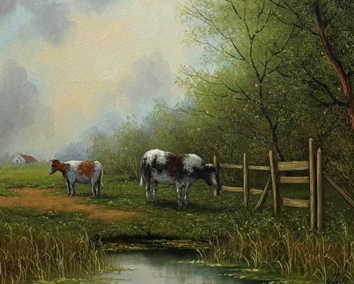 H. Wiks (XX) - Dutch Pastoral Landscape with Cows, Antiek en Kunst, Kunst | Schilderijen | Klassiek