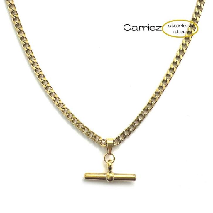 3 mm Gourmet schakel ketting met staaf hanger goud - stainle, Sieraden, Tassen en Uiterlijk, Kettingen, Nieuw, Verzenden