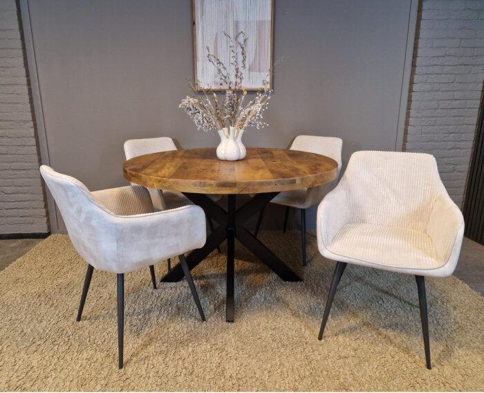 Combideal eetkamerset: ronde eettafel Mangohout 120 cm met 4, Huis en Inrichting, Tafels | Eettafels, Nieuw, Ophalen of Verzenden