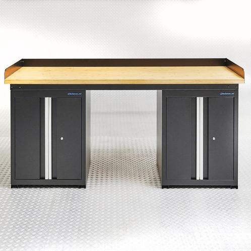 Datona Werkbank PRO bamboe - 2 opbergkasten - 200 cm - zwart, Doe-het-zelf en Verbouw, Werkbanken, Nieuw, Ophalen of Verzenden