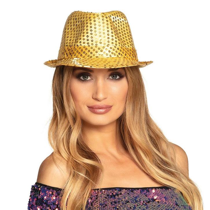 Carnaval verkleed trilby hoedje met gouden pailletten - Fe.., Hobby en Vrije tijd, Feestartikelen, Verzenden